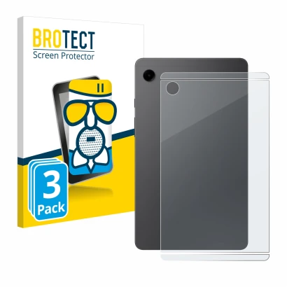 Face avant d’un emballage produit avec le logo de la marque BROTECT. À côté, l’appareil Samsung Galaxy Tab A9 WiFi (Arrière) e