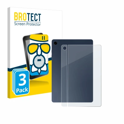 Face avant d’un emballage produit avec le logo de la marque BROTECT. À côté, l’appareil Samsung Galaxy Tab A9 Plus 5G (Arrière