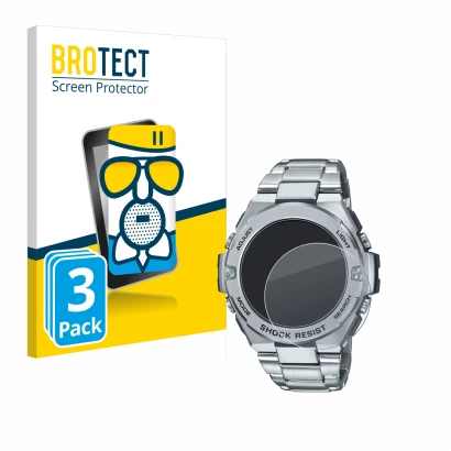 Face avant d’un emballage produit avec le logo de la marque BROTECT. À côté, l’appareil Casio G-Shock GST-B500D-1A est représe