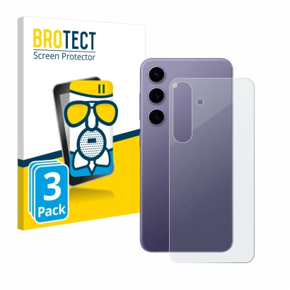 Face avant d’un emballage produit avec le logo de la marque BROTECT. À côté, l’appareil Samsung Galaxy S24 (Arrière) est repré