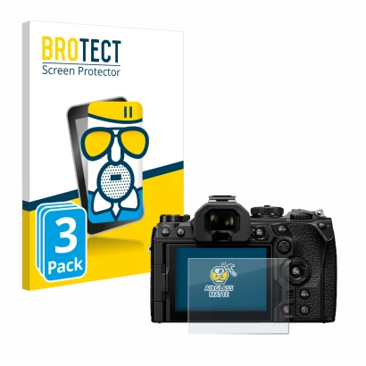 Face avant d’un emballage produit avec le logo de la marque BROTECT. À côté, l’appareil Olympus OM System OM-1 Mark II est rep