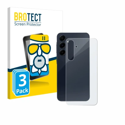 Face avant d’un emballage produit avec le logo de la marque BROTECT. À côté, l’appareil Samsung Galaxy A55 5G (Arrière) est re