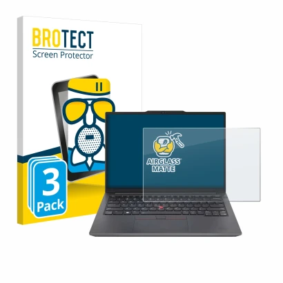 Face avant d’un emballage produit avec le logo de la marque BROTECT. À côté, l’appareil Lenovo ThinkPad E14 Gen 6 est représen