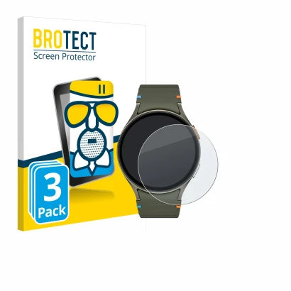 Face avant d’un emballage produit avec le logo de la marque BROTECT. À côté, l’appareil Samsung Galaxy Watch 7 (44 mm) est rep