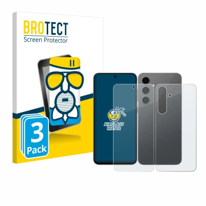 Face avant d’un emballage produit avec le logo de la marque BROTECT. À côté, l’appareil Samsung Galaxy S24 FE (Avant+Arrière) 