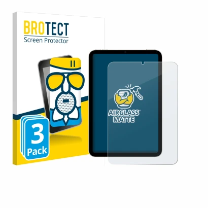 Face avant d’un emballage produit avec le logo de la marque BROTECT. À côté, l’appareil Apple iPad Mini 7 WiFi 2024 est représ