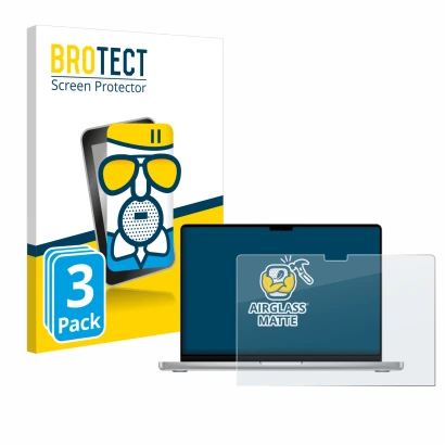 Face avant d’un emballage produit avec le logo de la marque BROTECT. À côté, l’appareil Apple MacBook Pro 14