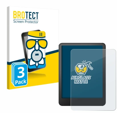 Face avant d’un emballage produit avec le logo de la marque BROTECT. À côté, l’appareil Amazon Kindle Paperwhite 2024 (12. Gen