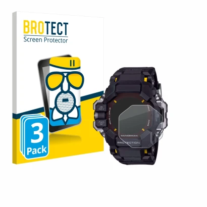 Face avant d’un emballage produit avec le logo de la marque BROTECT. À côté, l’appareil Casio G-Shock GPR-H 1000 est représent