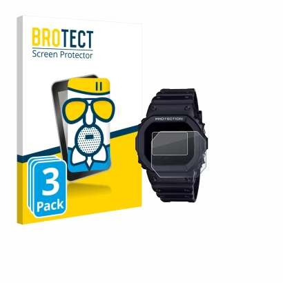 Face avant d’un emballage produit avec le logo de la marque BROTECT. À côté, l’appareil Casio G-Shock DW-5600RL-1 est représen