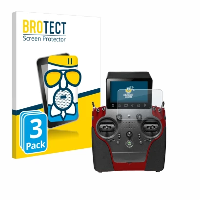 Face avant d’un emballage produit avec le logo de la marque BROTECT. À côté, l’appareil PowerBox Systems Atom est représenté a