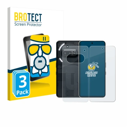 Face avant d’un emballage produit avec le logo de la marque BROTECT. À côté, l’appareil Nothing Phone (3a) (Avant+Arrière) est