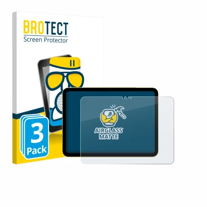 Face avant d’un emballage produit avec le logo de la marque BROTECT. À côté, l’appareil Apple iPad Air 11" M3 WiFi 2025 est re