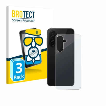 Face avant d’un emballage produit avec le logo de la marque BROTECT. À côté, l’appareil Samsung Galaxy A26 5G (Arrière) est re
