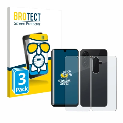 Face avant d’un emballage produit avec le logo de la marque BROTECT. À côté, l’appareil Samsung Galaxy A26 5G (Avant+Arrière) 