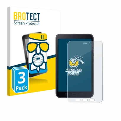 Face avant d’un emballage produit avec le logo de la marque BROTECT. À côté, l’appareil Samsung galaxy Tab Active 5 5G Enterpr