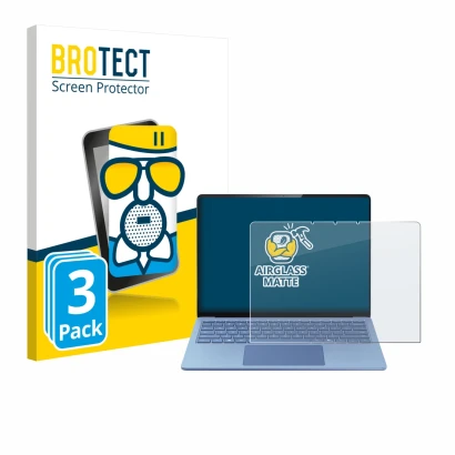 Face avant d’un emballage produit avec le logo de la marque BROTECT. À côté, l’appareil Microsoft Surface Laptop 13.8