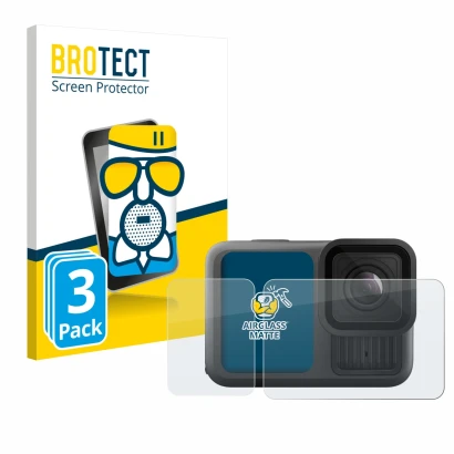 Face avant d’un emballage produit avec le logo de la marque BROTECT. À côté, l’appareil GoPro Hero 13 Black Creator Edition es