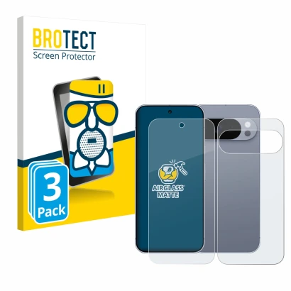 Face avant d’un emballage produit avec le logo de la marque BROTECT. À côté, l’appareil Google Pixel 10 Pro (Avant+Arrière) es