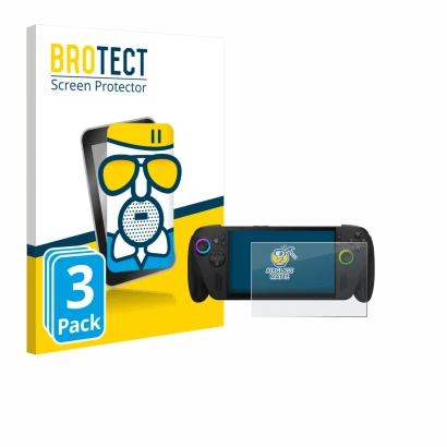 Face avant d’un emballage produit avec le logo de la marque BROTECT. À côté, l’appareil ASUS ROG Ally X 2025 est représenté av