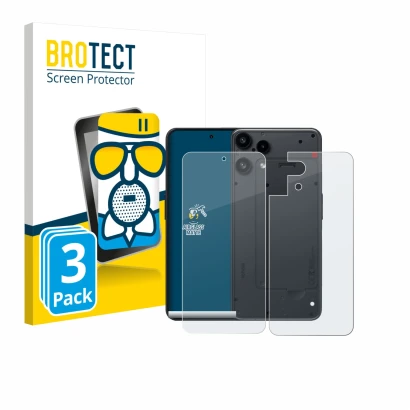 Face avant d’un emballage produit avec le logo de la marque BROTECT. À côté, l’appareil Nothing Phone (3a) Lite (Avant+Arrière