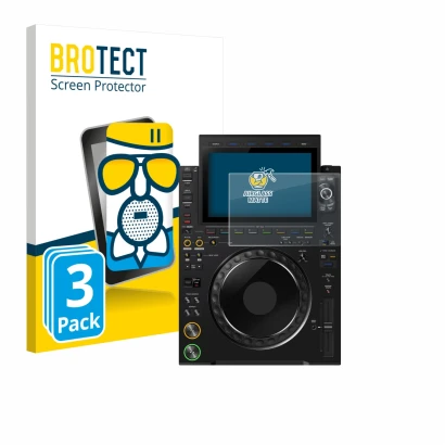 Face avant d’un emballage produit avec le logo de la marque BROTECT. À côté, l’appareil Pioneer CDJ 3000X est représenté avec 