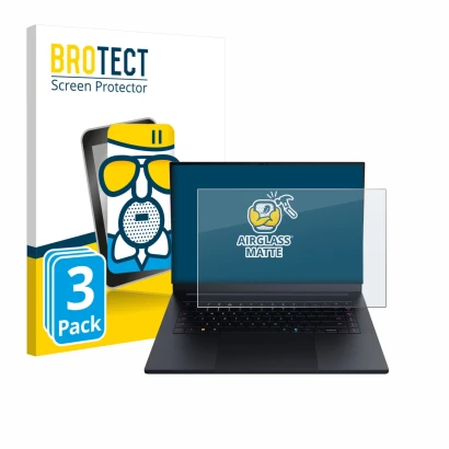 Face avant d’un emballage produit avec le logo de la marque BROTECT. À côté, l’appareil Razer Blade 16 2025 est représenté ave