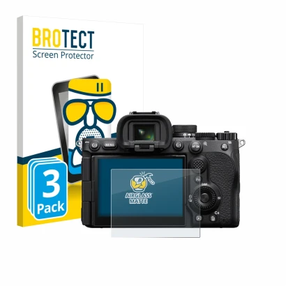 Face avant d’un emballage produit avec le logo de la marque BROTECT. À côté, l’appareil Sony Alpha 7 V (ILCE-7M5) est représen