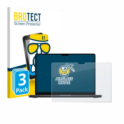 Face avant d’un emballage produit avec le logo de la marque BROTECT. À côté, l’appareil Apple MacBook Pro 14" M5 2026 est repr