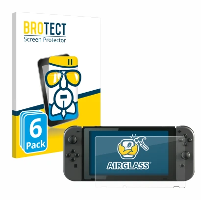 Face avant d’un emballage produit avec le logo de la marque BROTECT. À côté, l’appareil Nintendo Switch est représenté avec la