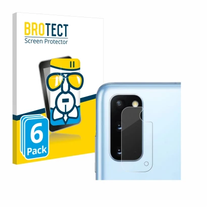 Face avant d’un emballage produit avec le logo de la marque BROTECT. À côté, l’appareil Samsung Galaxy S20 (Caméra UNIQUEMENT)