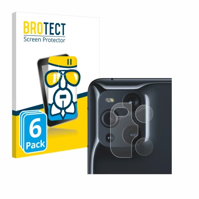 Face avant d’un emballage produit avec le logo de la marque BROTECT. À côté, l’appareil Oppo Find X3 Pro (Caméra UNIQUEMENT) e
