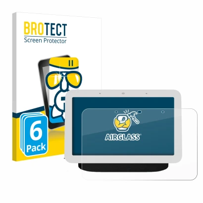 Face avant d’un emballage produit avec le logo de la marque BROTECT. À côté, l’appareil Google Nest Hub 2 est représenté avec 