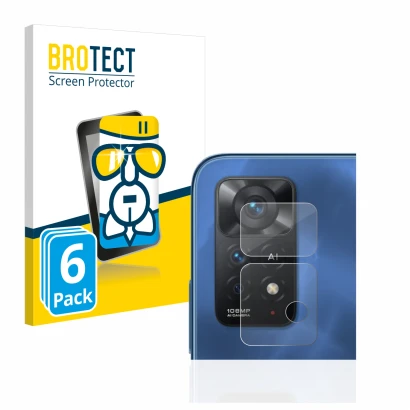 Face avant d’un emballage produit avec le logo de la marque BROTECT. À côté, l’appareil Xiaomi Redmi Note 11 Pro 5G (Caméra UN