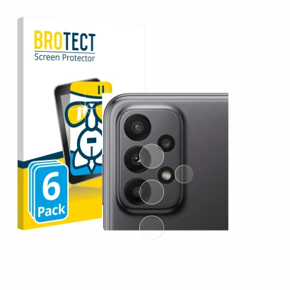 Face avant d’un emballage produit avec le logo de la marque BROTECT. À côté, l’appareil Samsung Galaxy A23 5G (Caméra UNIQUEME