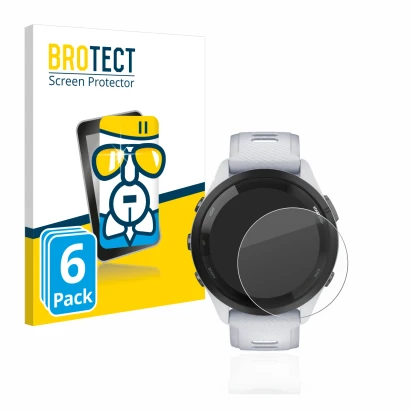 Face avant d’un emballage produit avec le logo de la marque BROTECT. À côté, l’appareil Garmin Forerunner 265 (46 mm) est repr