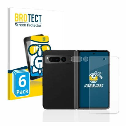 Face avant d’un emballage produit avec le logo de la marque BROTECT. À côté, l’appareil Google Pixel Fold (Avant+Caméra) est r