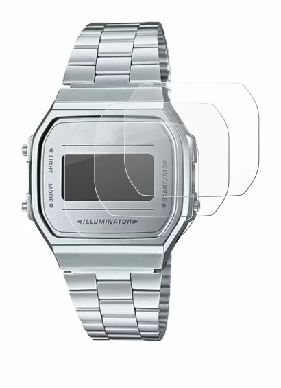 Image de l'appareil Casio A168WEM-7EF avec une grande variété de protections d'écran.