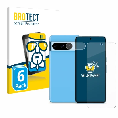 Face avant d’un emballage produit avec le logo de la marque BROTECT. À côté, l’appareil Google Pixel 8 Pro (Avant+Caméra) est 