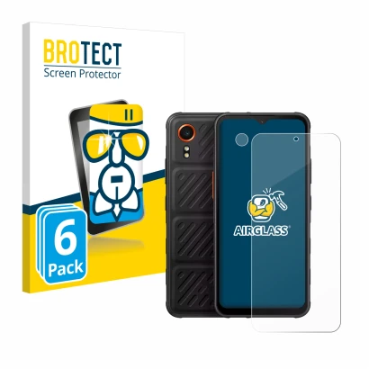 Face avant d’un emballage produit avec le logo de la marque BROTECT. À côté, l’appareil Samsung Galaxy XCover 7 (Avant+Caméra)