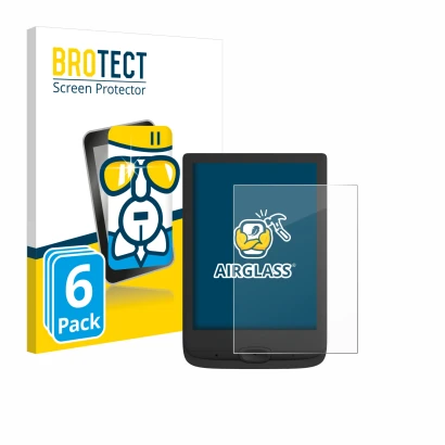 Face avant d’un emballage produit avec le logo de la marque BROTECT. À côté, l’appareil PocketBook Basic Lux 4 est représenté 