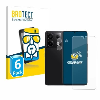 Face avant d’un emballage produit avec le logo de la marque BROTECT. À côté, l’appareil Xiaomi Redmi Note 13 Pro 5G (Avant+Cam