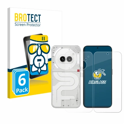 Face avant d’un emballage produit avec le logo de la marque BROTECT. À côté, l’appareil Nothing Phone (2a) (Avant+Arrière) est