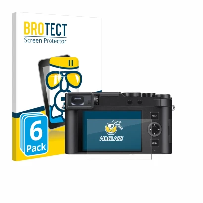 Face avant d’un emballage produit avec le logo de la marque BROTECT. À côté, l’appareil Leica D-Lux 8 est représenté avec la p