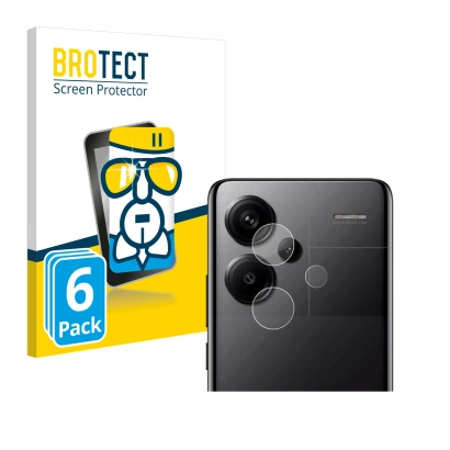 Face avant d’un emballage produit avec le logo de la marque BROTECT. À côté, l’appareil Xiaomi Redmi Note 13 Pro+ 5G (Caméra U