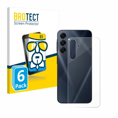 Face avant d’un emballage produit avec le logo de la marque BROTECT. À côté, l’appareil Samsung Galaxy A16 5G (Arrière) est re