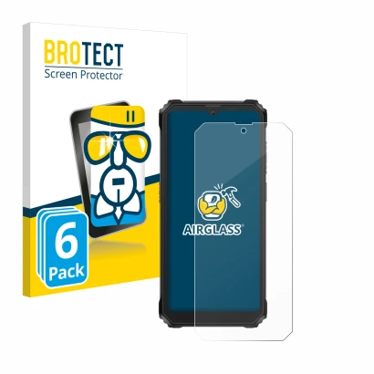 Face avant d’un emballage produit avec le logo de la marque BROTECT. À côté, l’appareil Blackview BV6200 Plus est représenté a