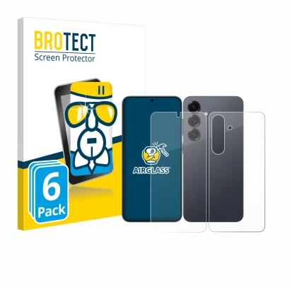 Face avant d’un emballage produit avec le logo de la marque BROTECT. À côté, l’appareil Samsung Galaxy S25 (Avant+Arrière) est