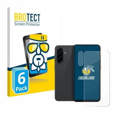 Face avant d’un emballage produit avec le logo de la marque BROTECT. À côté, l’appareil Samsung Galaxy A36 5G (Avant+Caméra) e