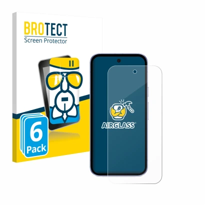 Face avant d’un emballage produit avec le logo de la marque BROTECT. À côté, l’appareil Google Pixel 9a est représenté avec la